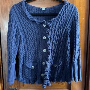 J Jill blue knit sweater with ruffles and button details